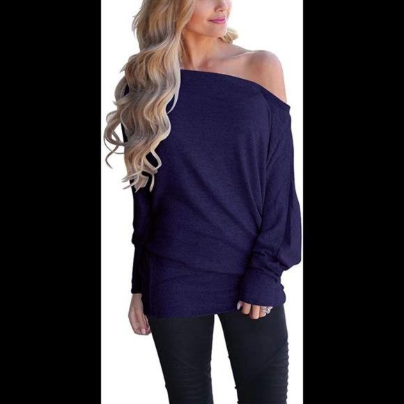 Sweaters - Navy Blue Off Shoulder Long Sleeve Oversized Pullover Sweater